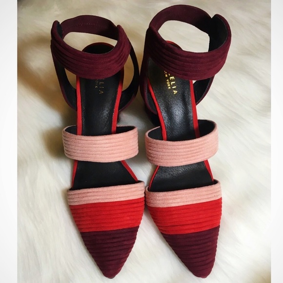 NWT Colorblock Heels Block Leather Pumps Pointed Toe Modern Striped Summer - Picture 3 of 7